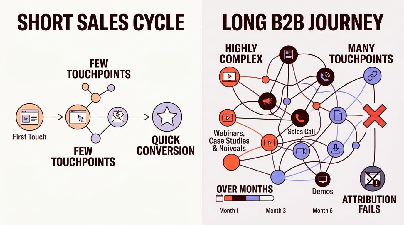 Comparison of simple versus complex customer journeys showing when first-touch attribution is appropriate