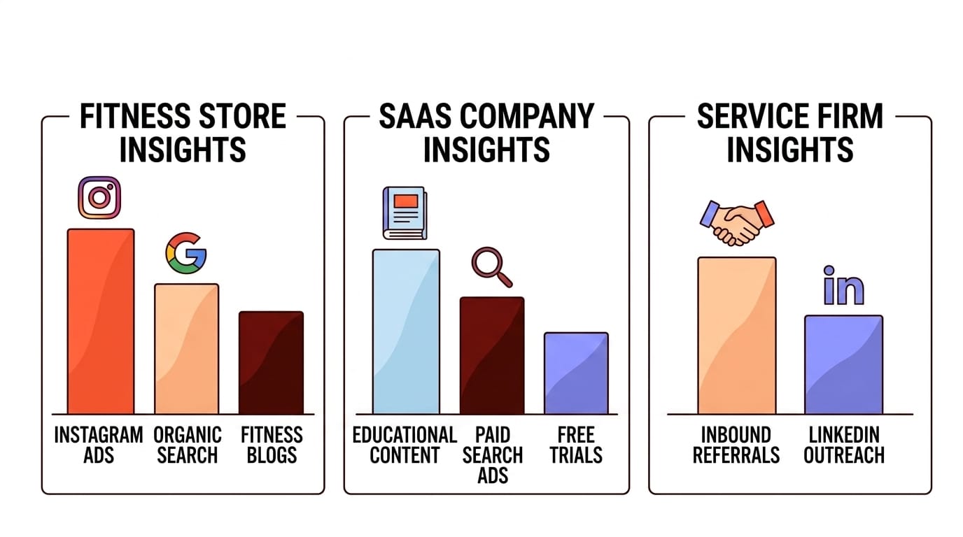 Comparison of first-touch attribution implementation across three business types: e-commerce, B2B SaaS, and professional services