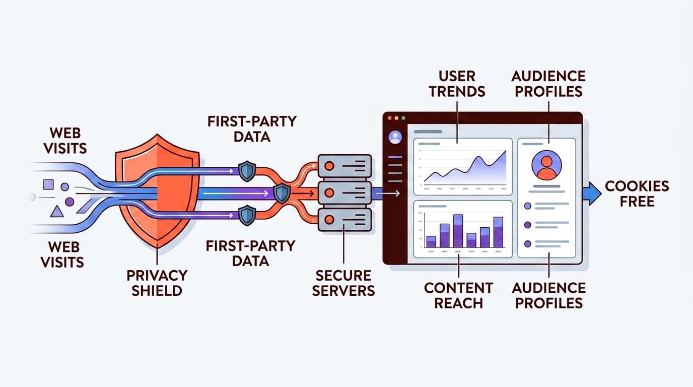 Cookieless tracking software visualization showing privacy-first analytics and first-party data collection