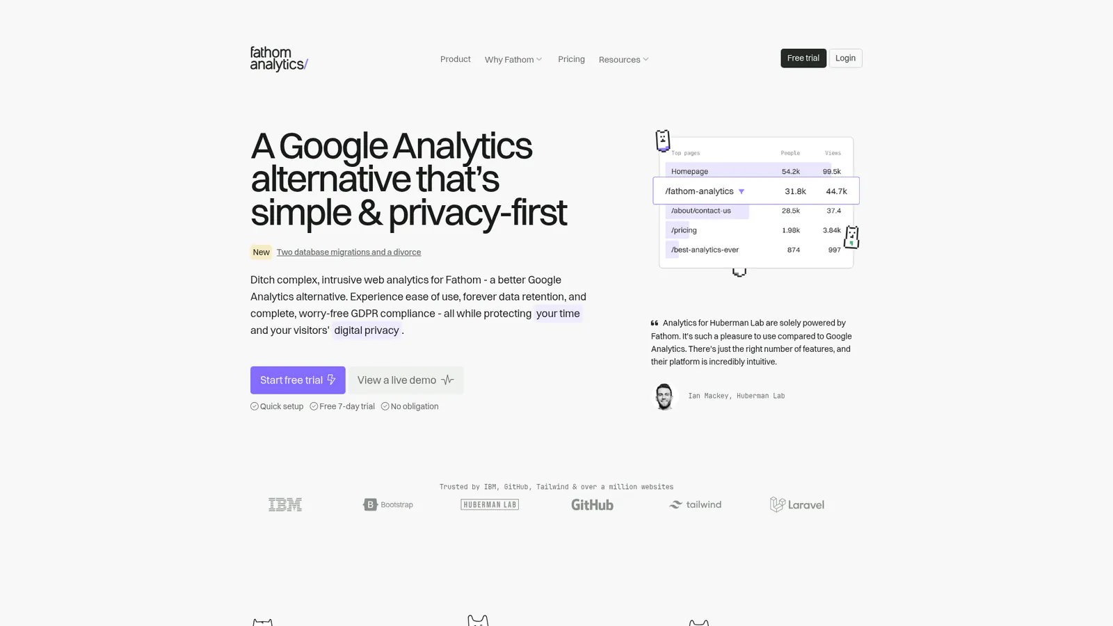 Fathom Analytics homepage screenshot