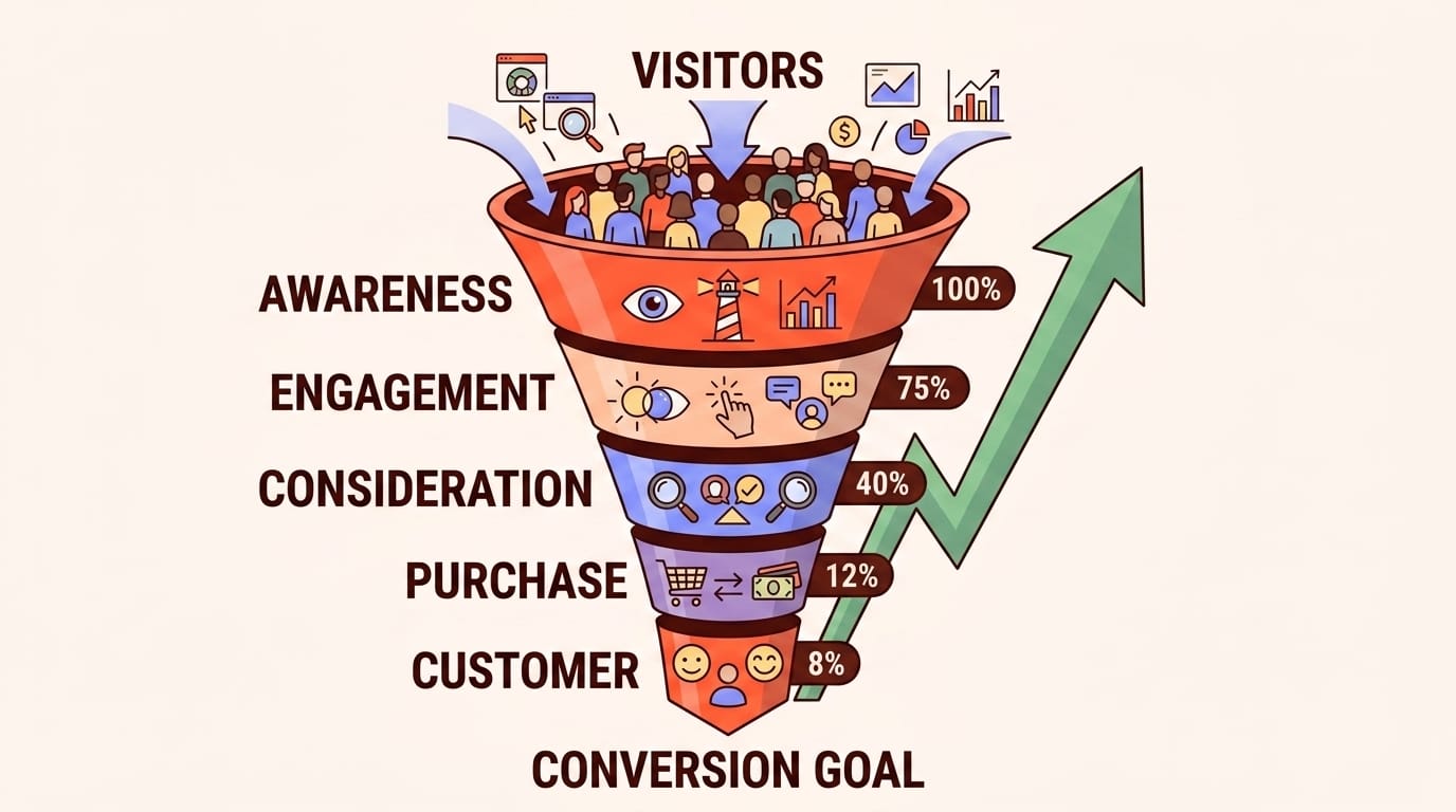 Conversion rate optimization funnel showing visitors moving through stages to conversion