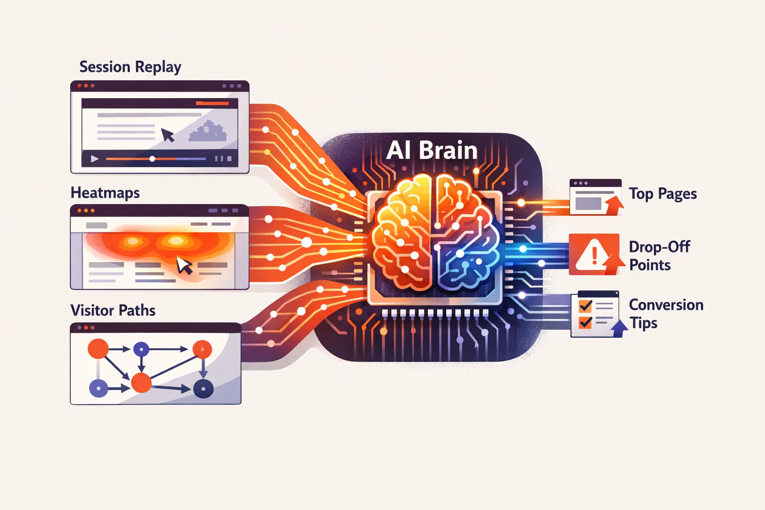 AI analyzing visitor behavior patterns to surface CRO insights from session data and heatmaps