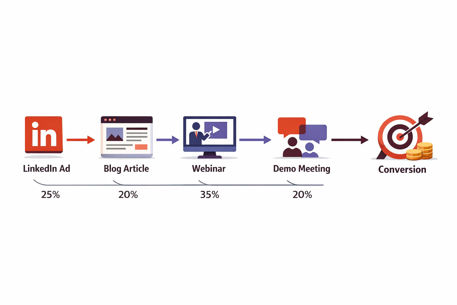 Multi-touch attribution customer journey showing LinkedIn ad, blog visit, webinar, and demo touchpoints with percentage credit distribution