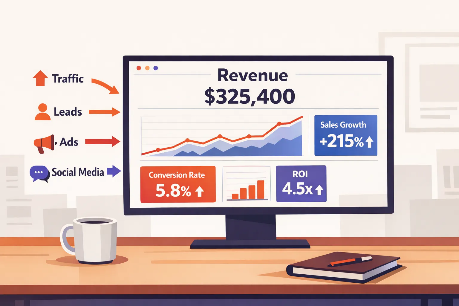 Marketing measurement dashboard showing KPIs and revenue attribution data