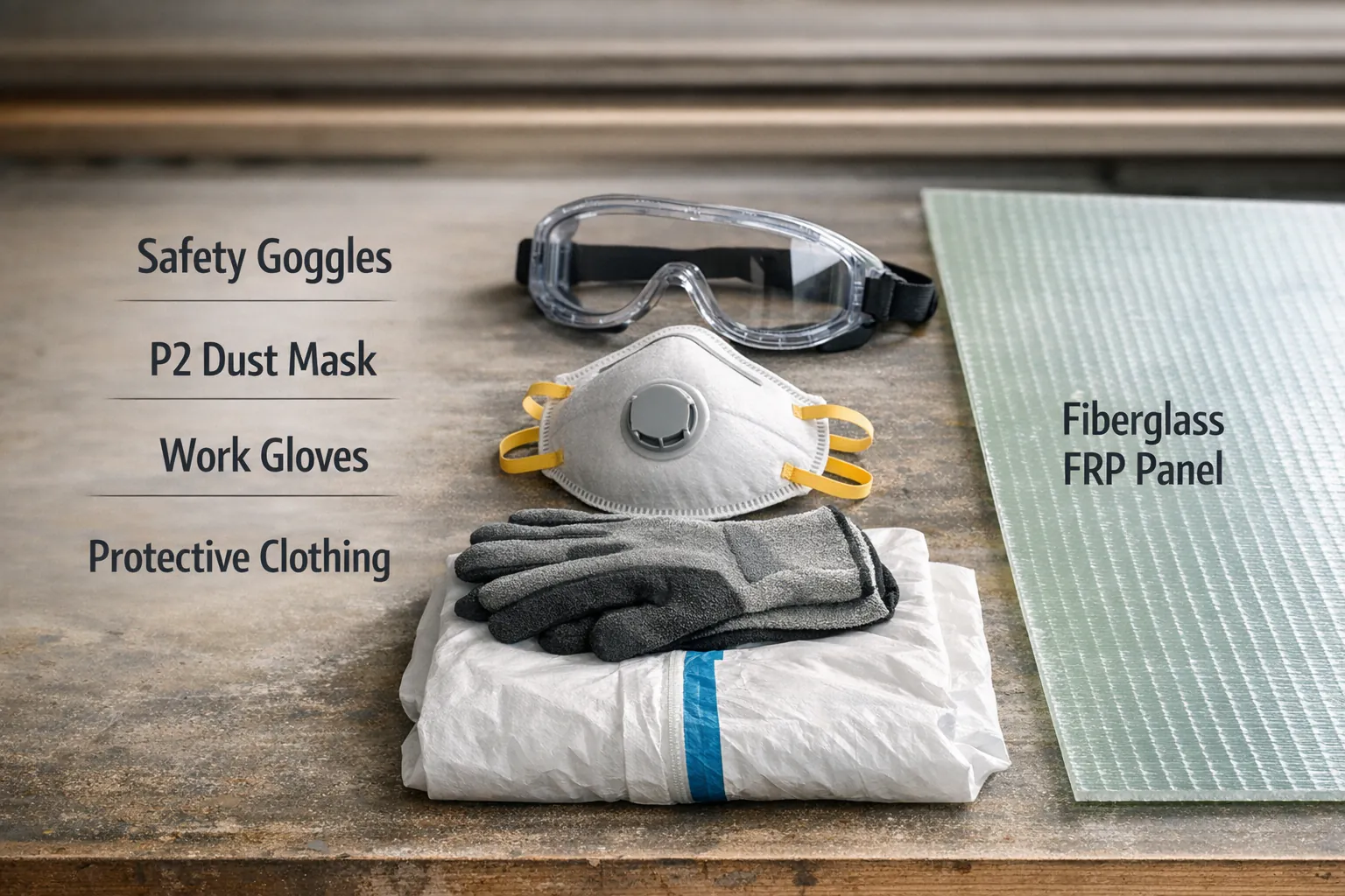 Personal protective equipment for safely cutting FRP panels: goggles, dust mask, gloves