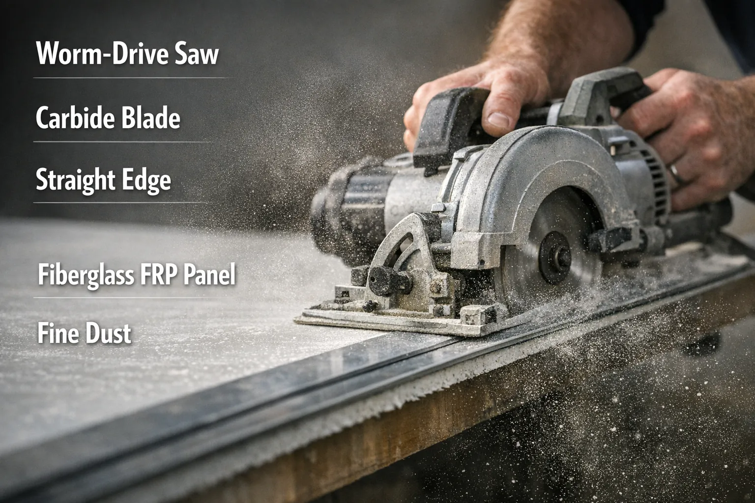 Circular saw cutting an FRP panel from the backside along a clamped straight edge