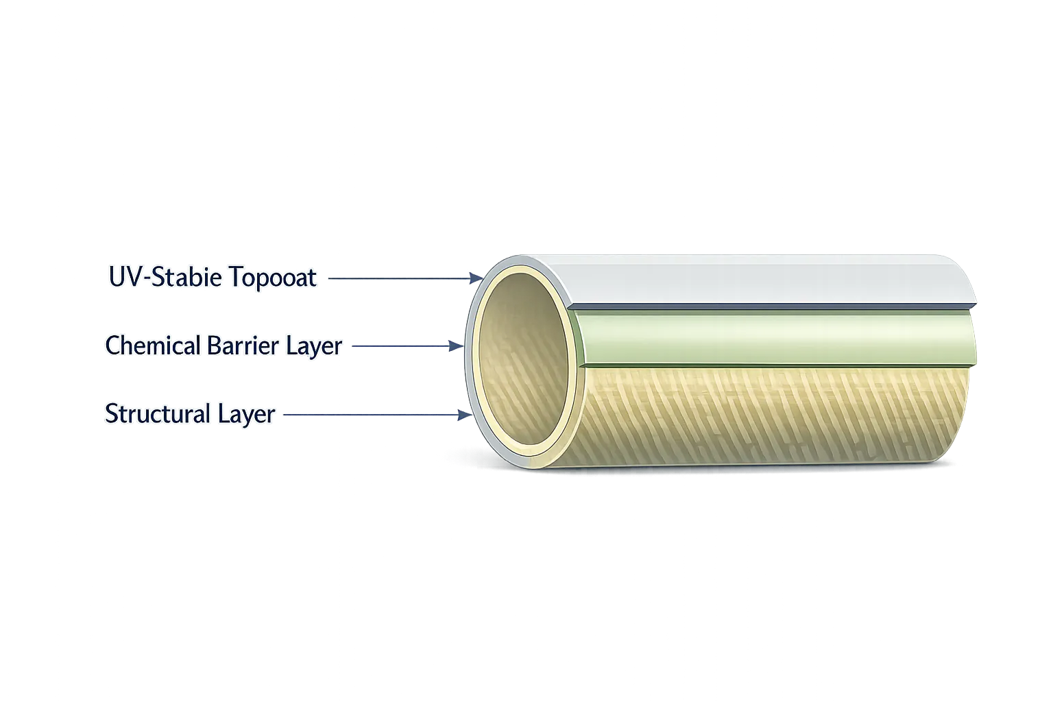 Cutaway diagram of an FRP tube showing its structural layer, chemical barrier layer and UV-stable topcoat