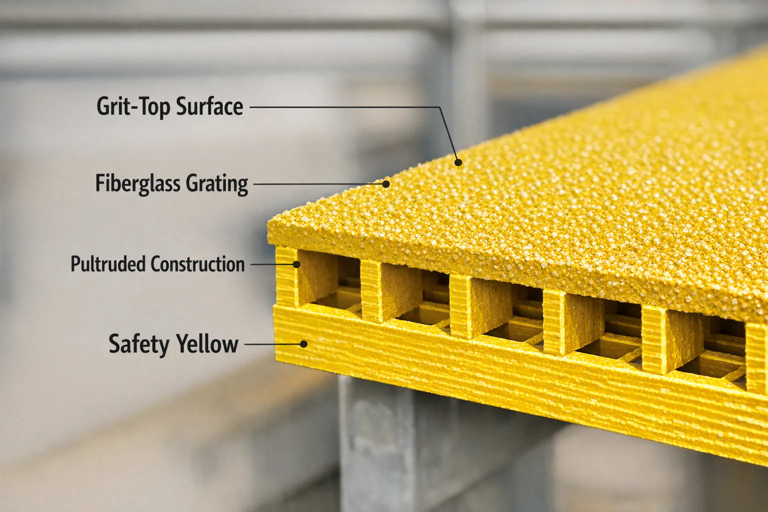 Fiberglass grit-top anti-slip grating used in DEFI catwalk systems
