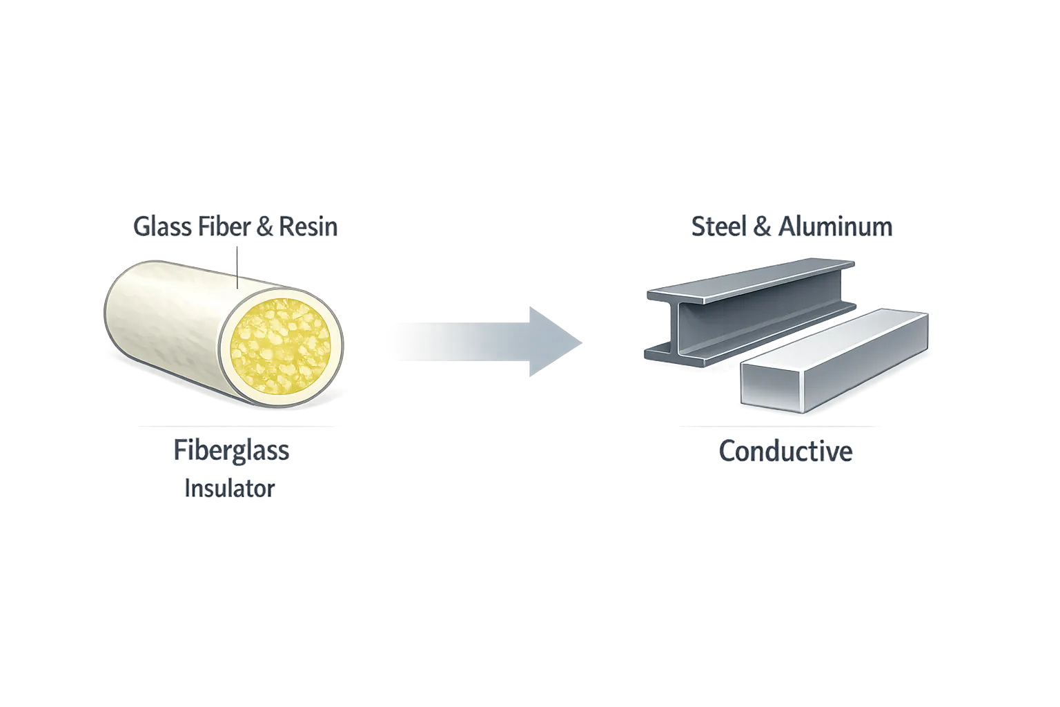 Diagram comparing fiberglass's non-conductive composition to conductive metal structural materials