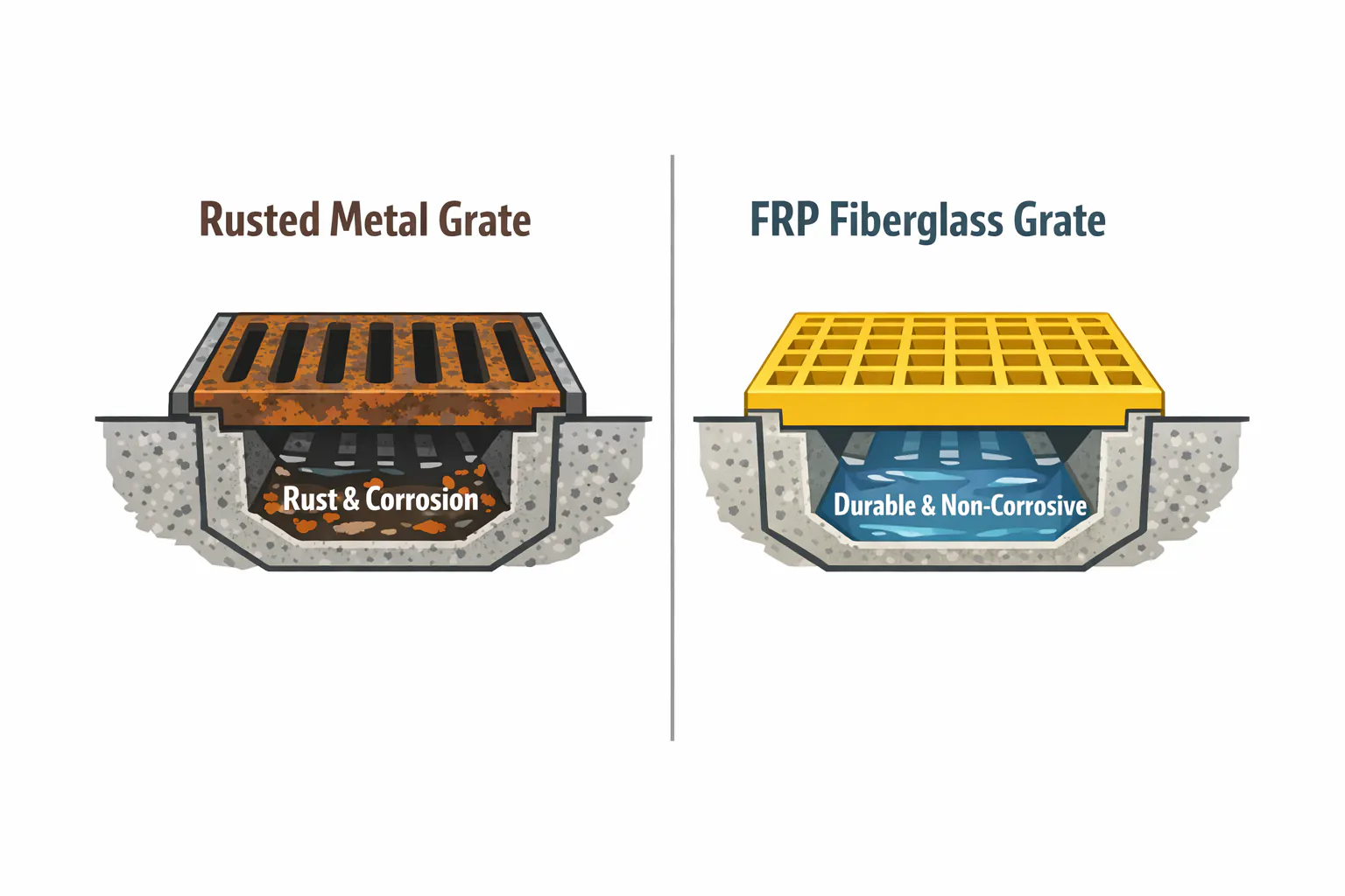 Illustration comparing a corroded metal trench grate with a corrosion-resistant FRP grating cover